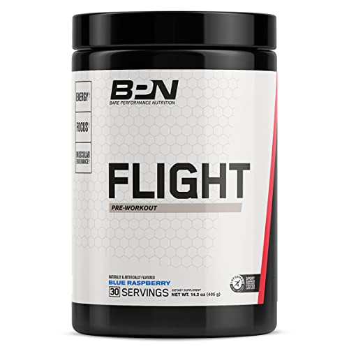 BARE PERFORMANCE NUTRITION, BPN Flight Pre Workout, Blue Raspberry, Energy, Focus & Endurance Without The Crash, Formulated with Caffeine Anhydrous, DiCaffeine Malate, N-Acetyl Tyrosine, 30 Servings