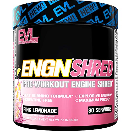 EVL Ultimate Pre Workout Powder - Thermogenic Fat Burn Support Preworkout Powder Drink for Lasting Energy Focus and Stamina - ENGN Shred Intense Creatine Free Preworkout Drink Mix - Pink Lemonade