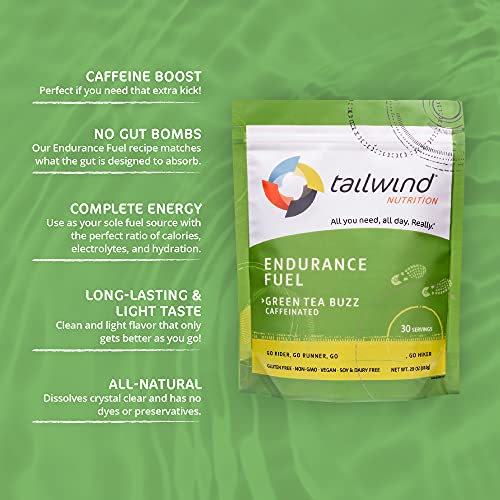 Tailwind Nutrition Caffeinated Green Tea Endurance Fuel 30 Serving - Hydration Drink Mix with Electrolytes, Carbohydrates - Non-GMO, Gluten-Free, Vegan, No Soy or Dairy