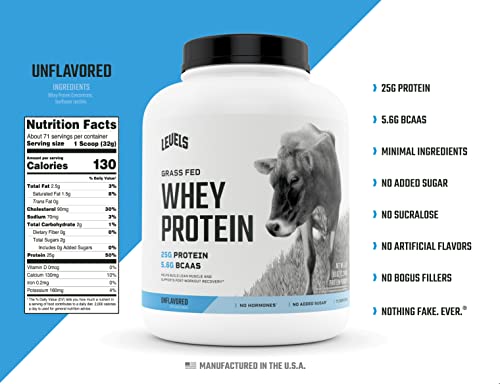 Levels Grass Fed 100% Whey Protein, No Hormones, Unflavored, 5LB