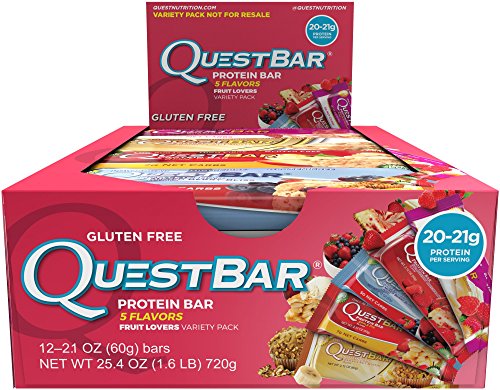 Quest Nutrition Protein Bar, Fruit Lovers Variety Pack, 5 Flavors, 20-21g Protein, 4-7g Net Carbs, 170-200 Cals, High Protein Bars, Low Carb Bars, Gluten Free, Soy Free, 2.1 oz Bar, 12 Count