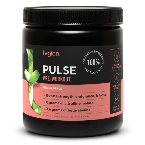 LEGION Pulse Pre Workout Supplement - All Natural Nitric Oxide Preworkout Drink to Boost Energy, Creatine Free, Naturally Sweetened, Beta Alanine, Citrulline, Alpha GPC (Green Apple)
