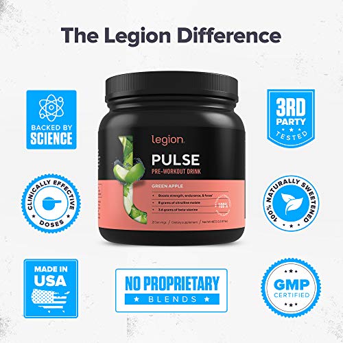 LEGION Pulse Pre Workout Supplement - All Natural Nitric Oxide Preworkout Drink to Boost Energy, Creatine Free, Naturally Sweetened, Beta Alanine, Citrulline, Alpha GPC (Green Apple)