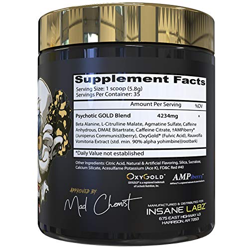 Insane Labz Psychotic Gold, High Stimulant Pre Workout Powder, Extreme Lasting Energy, Focus, Pumps and Endurance with Beta Alanine, DMAE Bitartrate, Citrulline, NO Booster, 35 Srvgs