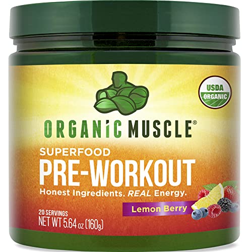 Organic Muscle Organic Pre Workout Powder for Men & Women - Vegan & Plant Based Superfood Energy Powder for Endurance, Strength, Stamina, & Focus - Lemon Berry, 160mg Natural Caffeine, 20 Serv