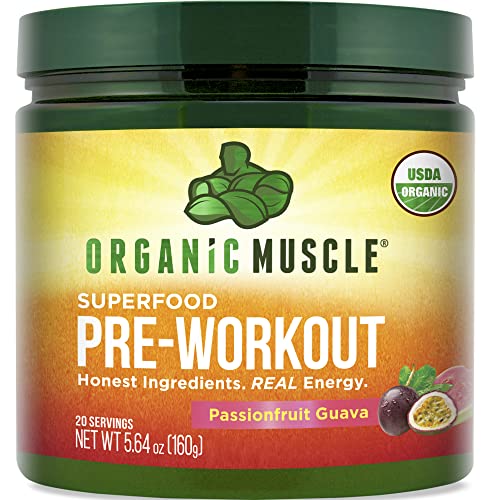 Organic Muscle Organic Pre Workout Powder for Men & Women - Vegan & Plant Based Superfood Energy Powder for Endurance, Strength, Stamina, & Focus - Passionfruit Guava, 160mg Natural Caffeine, 20 Serv