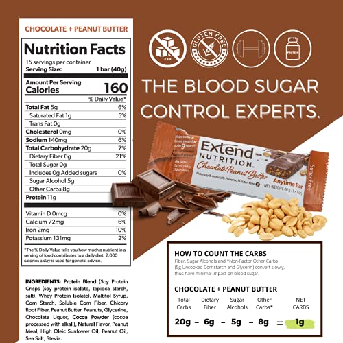 Extend Nutrition Diabetic Protein Bars, Sugar Free Snacks for Diabetic Adults, Diabetic Snacks and Sugar Free Candy for Diabetics to Help Blood Sugar Support, Low Carb, Chocolate Peanut Butter, 15 Count