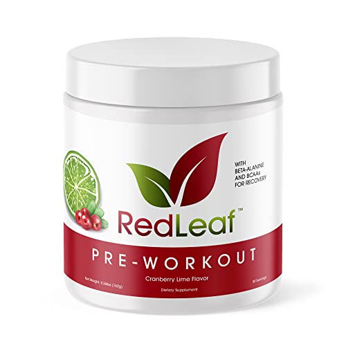 Red Leaf Pre Workout Energizer Powder, BCAA's, Beta-Alanine, Amino Acids and Green Tea for Immune Support and Preworkout Energy, Natural Cranberry Lime Flavor - 30 Servings