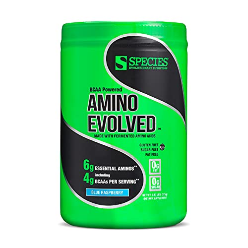 Species Nutrition Amino Evolved EAA & BCAA Powder, Fermented Amino Acids, Branched Chain Amino Acid Muscle Recovery & Endurance, Pre & Post Workout Supplement (Blue Raspberry, 30 Servings)