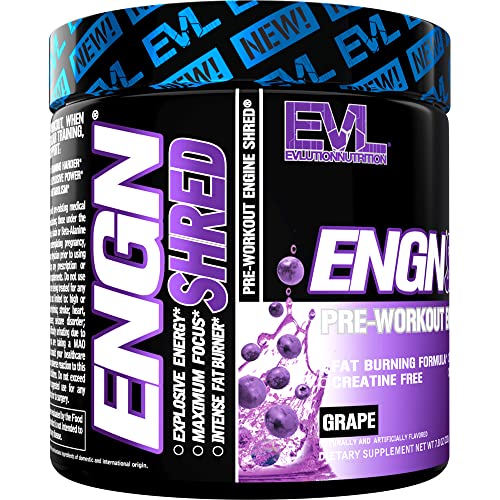 EVL Ultimate Pre Workout Powder - Thermogenic Fat Burn Support Preworkout Powder Drink for Lasting Energy Focus and Stamina - ENGN Shred Intense Creatine Free Preworkout Drink Mix - Grape