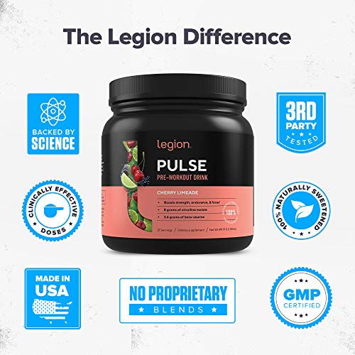 LEGION Pulse Pre Workout Supplement - All Natural Nitric Oxide Preworkout Drink to Boost Energy, Creatine Free, Naturally Sweetened, Beta Alanine, Citrulline, Alpha GPC (Cherry Limeade)