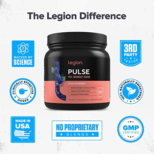 LEGION Pulse Pre Workout Supplement - All Natural Nitric Oxide Preworkout Drink to Boost Energy, Creatine Free, Naturally Sweetened, Beta Alanine, Citrulline, Alpha GPC (Blue Raspberry)