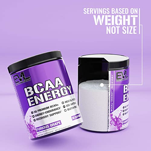 EVL BCAAs Amino Acids Powder - BCAA Energy Pre Workout Powder for Muscle Recovery Lean Growth and Endurance - Rehydrating BCAA Powder Post Workout Recovery Drink with Natural Caffeine - Furious Grape