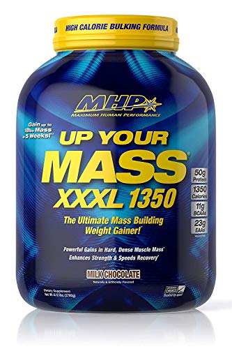 Maximum Human Performance MHP UYM XXXL 1350 Mass Building Weight Gainer, Muscle Mass Gains, w/50g Protein, High Calorie, 11g BCAAs, Leucine, Milk Chocolate, 8 Servings