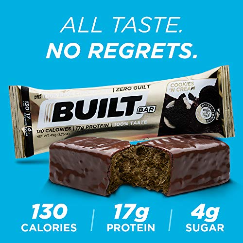 Built Bar 18 Pack Protein and Energy Bars - 100% Real Chocolate - High In Whey Protein And Fiber - Gluten Free, Natural Flavoring, No Preservatives (Cookies 'N Cream)
