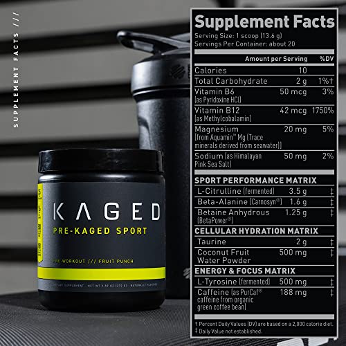 Kaged Muscle Workout Powder Pre-Kaged Sport Pre Workout for Men and Women, Increase Energy, Focus, Hydration, and Endurance, Organic Caffeine, Plant Based Citrulline, Fruit Punch