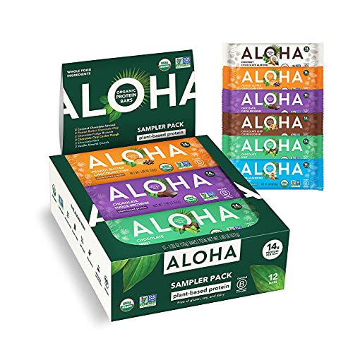 ALOHA Organic Plant Based Protein Bars - 6 Flavor Variety Pack - 12 Count, 1.9oz Bars - Vegan Snacks, Low Sugar, Gluten-Free, Low Carb, Paleo, Non-GMO, Stevia-Free, No Sugar Alcohol Sweeteners