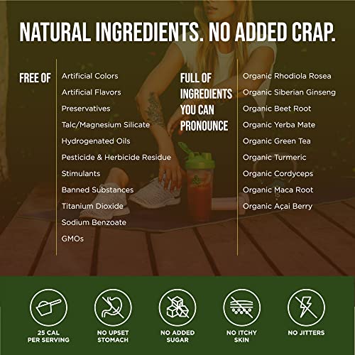 Organic Muscle Organic Pre Workout Powder for Men & Women - Vegan & Plant Based Superfood Energy Powder for Endurance, Strength, Stamina, & Focus - Strawberry Mango, 160mg Natural Caffeine, 20 Serv