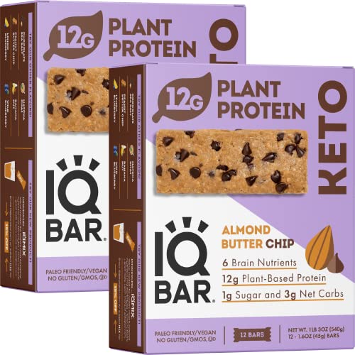 IQBAR Brain and Body Keto Protein Bars - Almond Butter Chip Keto Bars - 24-Count Energy Bars - Low Carb Protein Bars - High Fiber Vegan Bars and Low Sugar Meal Replacement Bars - Vegan Snacks