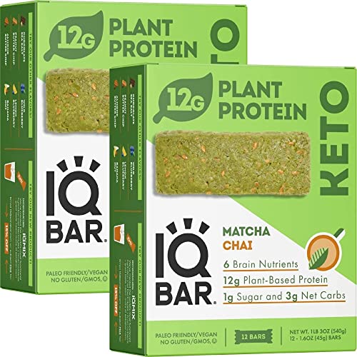 IQBAR Brain and Body Keto Protein Bars - Matcha Chai Keto Bars - 24-Count Energy Bars - Low Carb Protein Bars - High Fiber Vegan Bars and Low Sugar Meal Replacement Bars - Vegan Snack