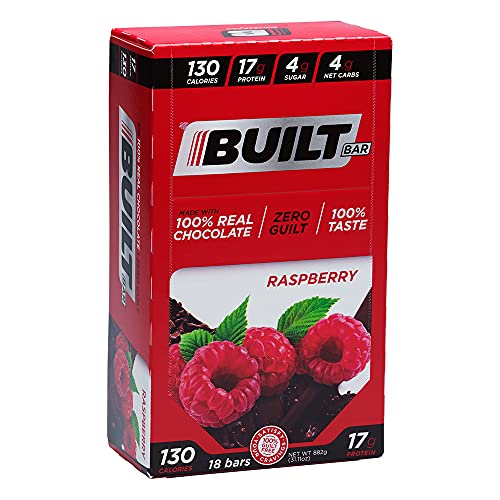 Built Bar 18 Pack Protein and Energy Bars - 100% Real Chocolate - High In Whey Protein And Fiber - Gluten Free, Natural Flavoring, No Preservatives (Raspberry)