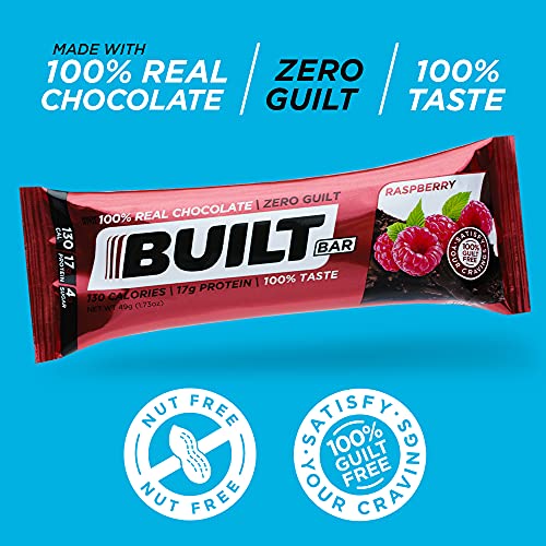 Built Bar 18 Pack Protein and Energy Bars - 100% Real Chocolate - High In Whey Protein And Fiber - Gluten Free, Natural Flavoring, No Preservatives (Raspberry)