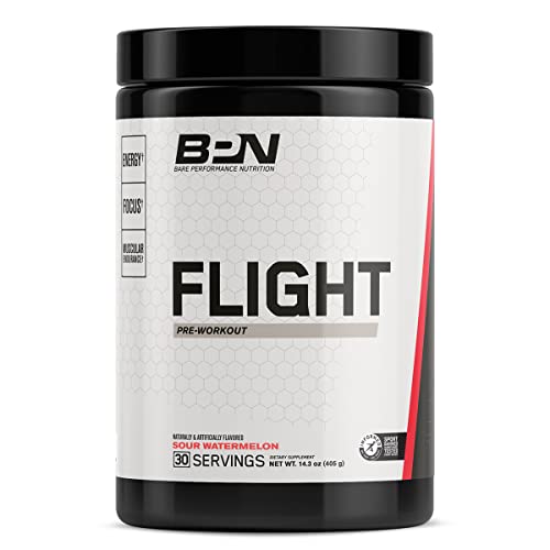 BARE PERFORMANCE NUTRITION, BPN Flight Pre Workout, Sour Watermelon, Energy, Focus & Endurance Without The Crash, Formulated with Caffeine Anhydrous, DiCaffeine Malate, N-Acetyl Tyrosine, 30 Servings