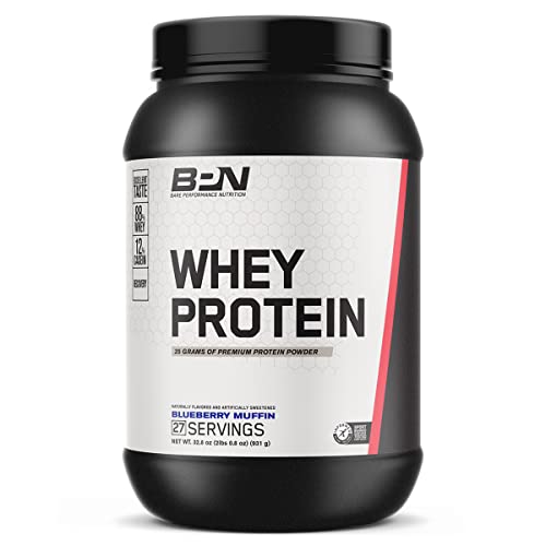 BARE PERFORMANCE NUTRITION, BPN Whey Protein Powder, Blueberry Muffin, 25g of Protein, Excellent Taste & Low Carbohydrates, 88% Whey Protein & 12% Casein Protein, 27 Servings