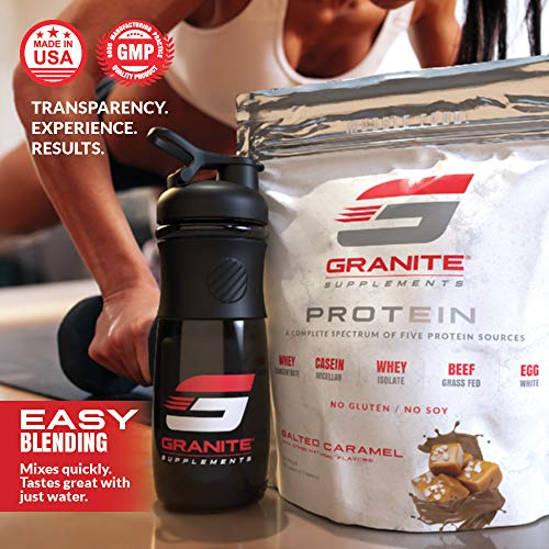 Protein Powder by Granite | 30 Serving of Complete Spectrum Protein to Build Lean Muscle | 5 Protein Sources: Whey Concentrate, Micellar Casein, Isolate, Grass Fed Beef, Egg White | 2lb Salted Caramel