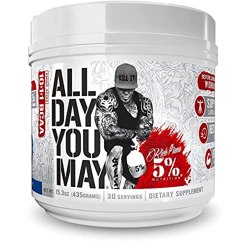 5% Nutrition Rich Piana AllDayYouMay BCAA Powder | Premium Intra & Post Workout Amino Acids, Hydration, Endurance, Muscle Recovery, Joint & Liver Support | 16.4 oz, 30 Servings (Blue Raspberry)