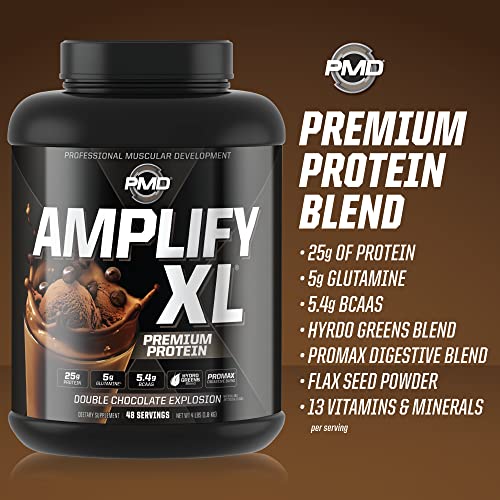 PMD Sports Amplify XL Premium Whey Protein Supplement Hydro Greens Blend - Glutamine and Whey Protein Matrix with Superfood for Muscle, Strength and Recovery - Double Chocolate Explosion (48 Servings)