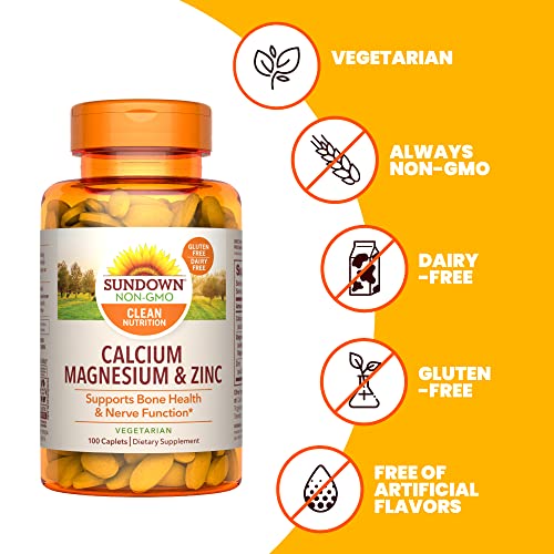 Sundown Calcium Magnesium Zinc Caplets for Immune Support, Non-GMO, Vegetarian, Dairy-Free, Gluten-Free, 100 Count