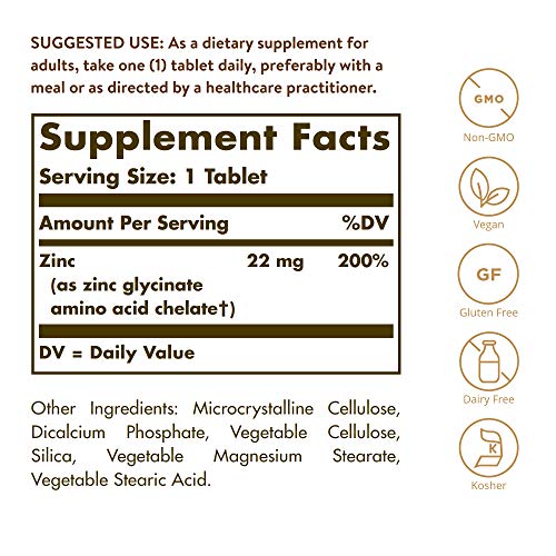 Solgar Chelated Zinc, 250 Tablets - Zinc for Healthy Skin - Supports Cell Growth & DNA Formation - Exerts Antioxidant Activity - Supports A Healthy Immune System - Non GMO, Vegan - 250 Servings