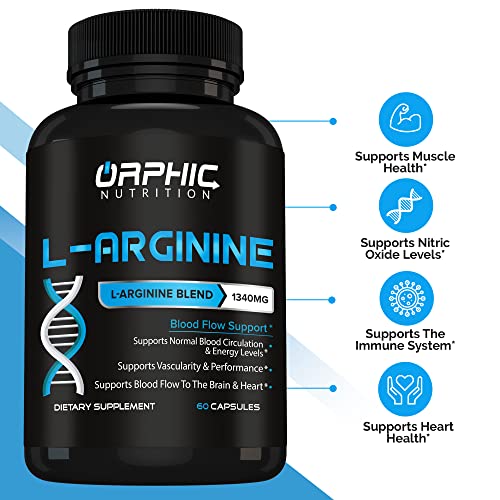 ORPHIC NUTRITION Extra Strength L Arginine - Nitric Oxide Supplement to Support Muscle Health, Exercise Performance and Endurance, Vascularity, Heart Health, Energy Levels* - 60 Caps