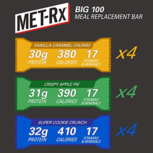 MET-Rx Big 100 Colossal Protein Bars Variety Pack, Meal Replacement, Super Cookie Crunch, Vanilla Caramel Churro, Crispy Apple Pie, 12 Count