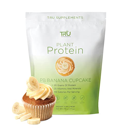 TRU Plant Based Protein Powder, BCAA, EAA, 20g Vegan Protein, 100 Calories, 27 Vitamins, No Artificial Sweeteners 25 Servings (Peanut Butter Banana Cupcake)