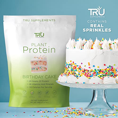 TRU Plant Based Protein Powder, BCAA, EAA, 20g Vegan Protein, 100 Calories, 27 Vitamins, No Artificial Sweeteners 25 Servings (Birthday Cake)
