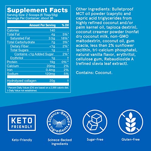 Bulletproof Vanilla Collagen Protein Powder with MCT Oil, 19g Protein, 42.3 Oz, Value Size, Collagen Peptides and Amino Acids for Healthy Skin, Bones and Joints