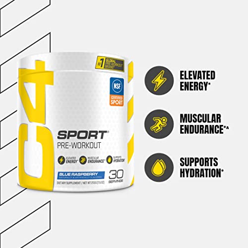 C4 Sport Pre Workout Powder Blue Raspberry - Pre Workout Energy with 3g Creatine Monohydrate + 135mg Caffeine and Beta-Alanine Performance Blend - NSF Certified for Sport | 30 Servings