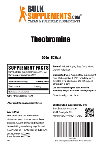 BulkSupplements.com Theobromine Powder - Dietary Supplement for Energy Support - Unflavored, Gluten Free - 250mg per Servings, 2000 Servings (500 Grams - 1.1 lbs)
