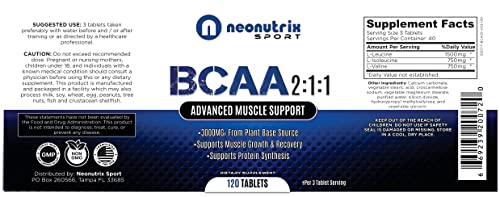 BCAA 2:1:1 Branched Chain Amino Acids Capsules for Muscle Recovery, Energy & Endurance – Vegan Pre & Post Workout Supplement with L-Leucine, L-Isoleucine & L-Valine 120 Tablets by Neonutrix Sports