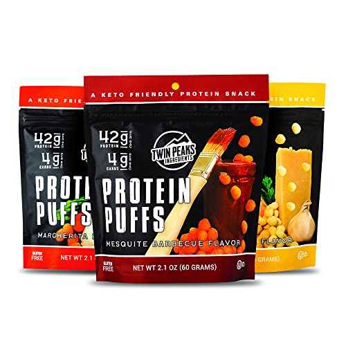 Twin Peaks Low Carb, Keto Friendly Protein Puffs, (Variety Pack, 2.1 Ounce), 2 Servings, 3 Pack (60g, 42g Protein, 4g Carbs)