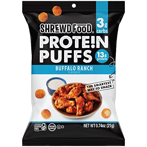 Shrewd Food Protein Puffs - High Protein, Low-Carb, Gluten-Free, Health Conscious Snacks, Keto Snacks, Non GMO, Soy-Free, Tree Nut Free, Peanut-Free, Never Fried - Buffalo Ranch, 0.74 Oz (Pack of 8)