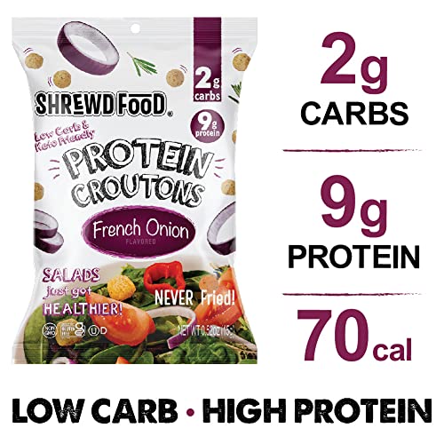 Shrewd Food Keto Protein Croutons - Low Carb, High Protein Snacks, Real Cheese, Gluten Free, Peanut Free, 10g Protein, 2g Carbs, Only 60 Calories - French Onion, 0.52 Oz (Pack of 10)