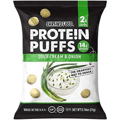 Shrewd Food Protein Puffs - High Protein, Low-Carb, Gluten-Free, Health Conscious Snacks, Keto Snacks, Non GMO, Soy-Free, Peanut-Free, Never Fried - Sour Cream and Onion, 0.74 Oz (Pack of 8)