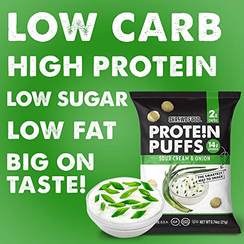Shrewd Food Protein Puffs - High Protein, Low-Carb, Gluten-Free, Health Conscious Snacks, Keto Snacks, Non GMO, Soy-Free, Peanut-Free, Never Fried - Sour Cream and Onion, 0.74 Oz (Pack of 8)