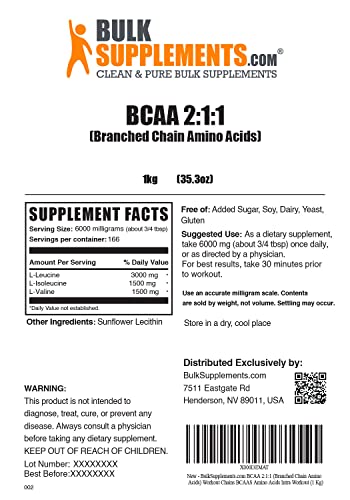 BULKSUPPLEMENTS.COM BCAA 2:1:1 Powder - Branched Chain Amino Acids - BCAA Powder - BCAAs Amino Acids - BCAA Pre Workout - Amino Acid Powder - 6000mg per Serving, 167 Servings (1 Kilogram - 2.2 lbs)