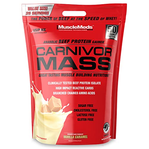 MuscleMeds Carnivor Mass Anabolic Beef Protein Gainer, Vanilla Caramel, 10 Pounds