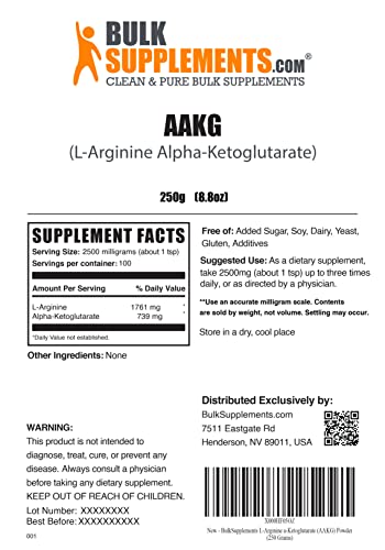 BULKSUPPLEMENTS.COM AAKG Powder - Arginine Alpha-Ketoglutarate, Nitric Oxide Supplement - Unflavored, Gluten Free - 2500mg per Serving, 100 Servings (250 Grams - 8.8 oz)