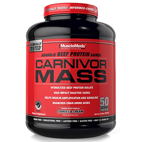 MuscleMeds Carnivor Mass Gainer Beef Protein Isolate Shake, 50 Grams Protein, 125 Grams Carbs, 0 Fat, 0 Sugar, Lactose Free, Cookies & Cream (Packaging May Vary)